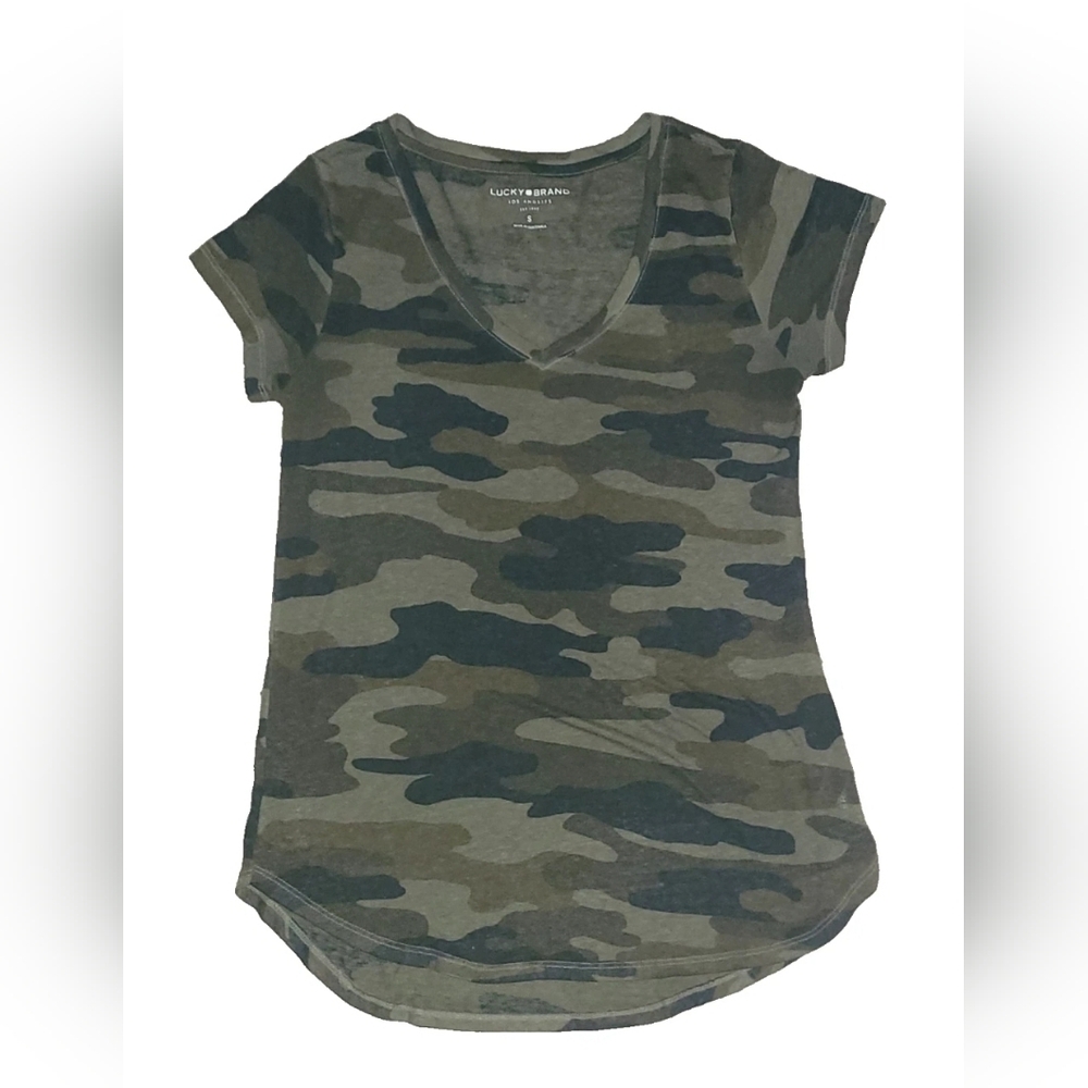 LUCKY BRAND Camo V-Neck T-Shirt: women's Size SMALL, stretch - Picture 1 of 4